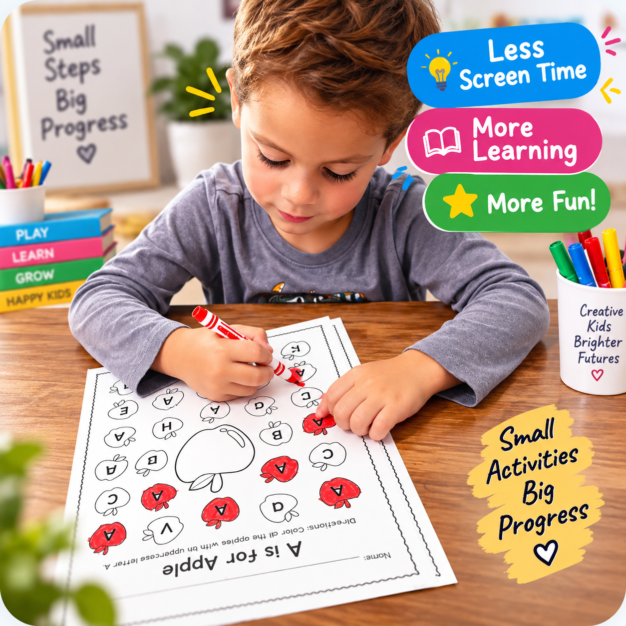Little boy at wooden table happily coloring an apple printable worksheet