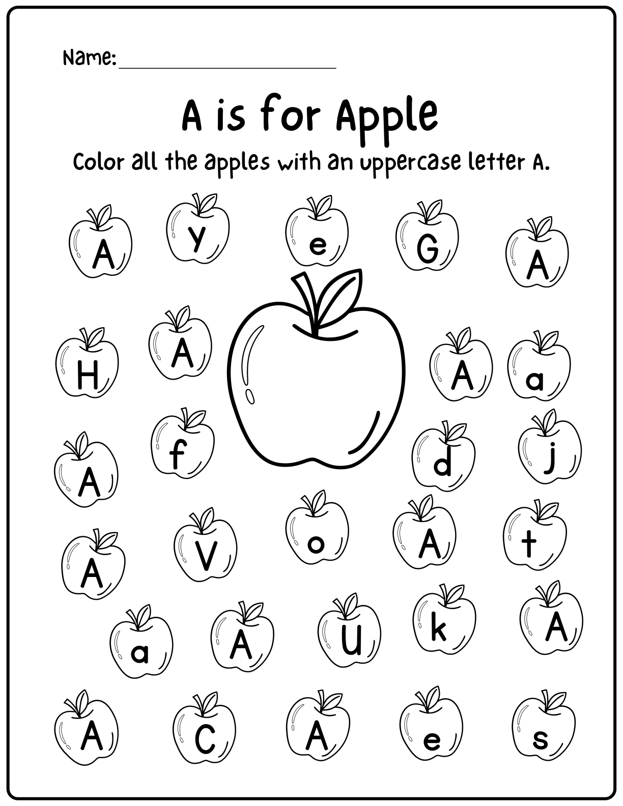 A is for Apple letter recognition and coloring worksheet