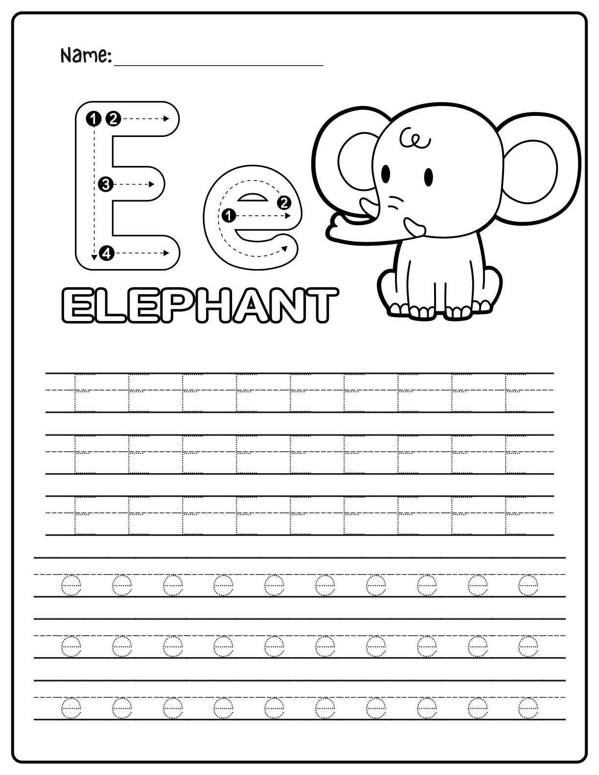ELEPHANT animal letter E stroke guide and tracing worksheet