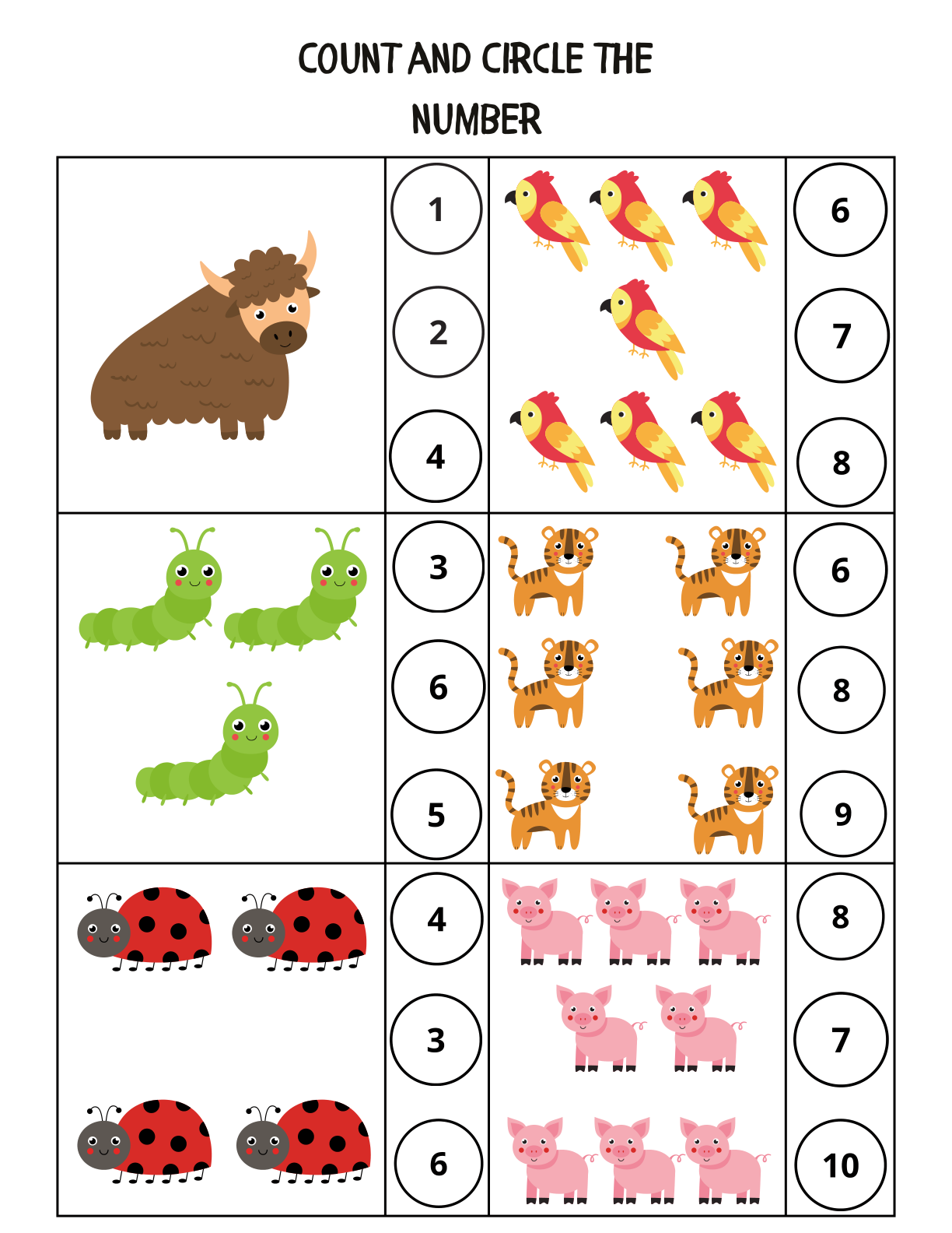 Count and circle the number animal math worksheet