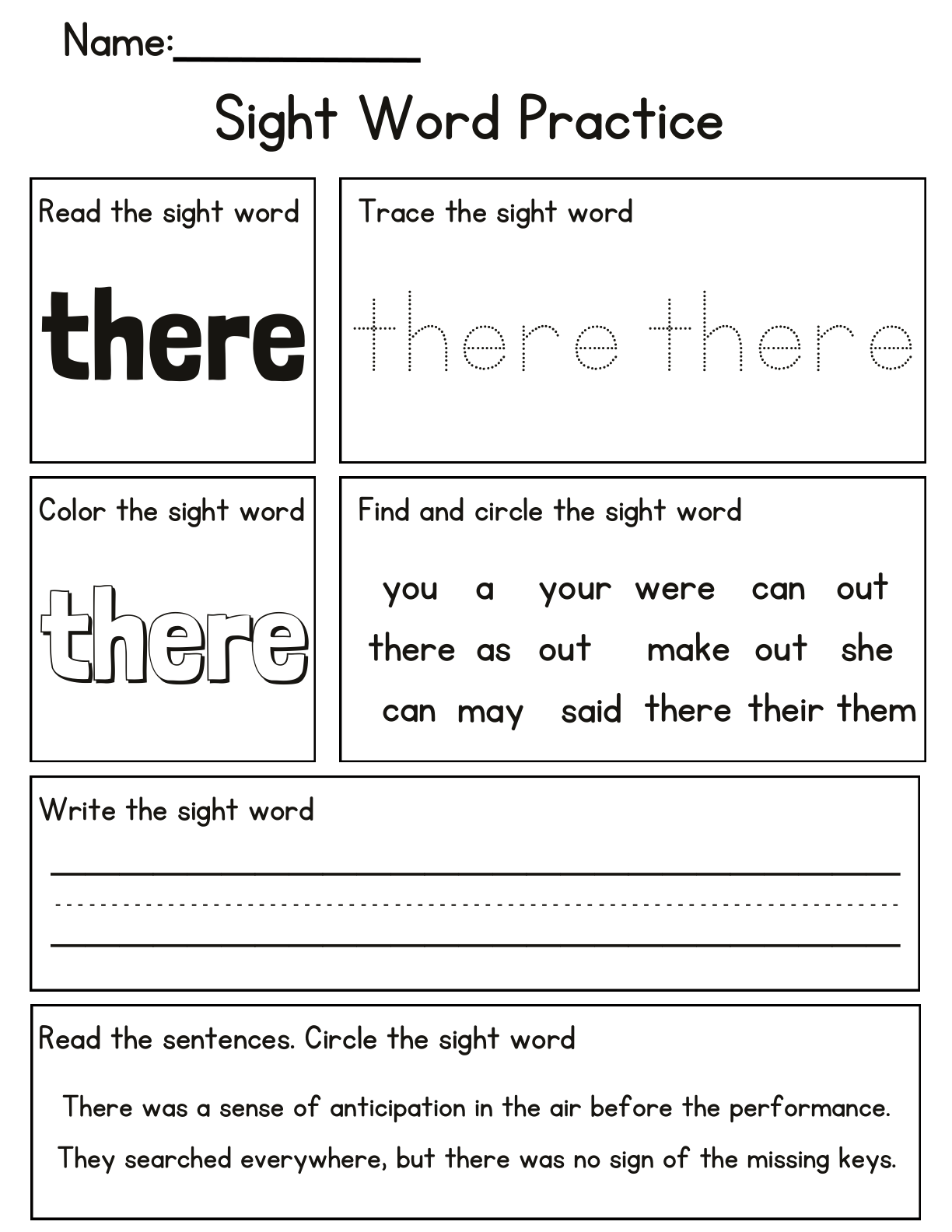 Sight Word Practice there reading and writing worksheet